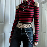 Nukty Gothic Mall Goth Striped Print T-shirt Hollow Out Slim Fit Turtleneck Crop Top E-girl Harajuku Grunge Emo Alt Tees Women Clothes