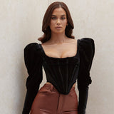 Black Velvet Sexy Top T Shirt Women Zipper Long Puff Sleeve Tshirt Short Autumn T-shirt Femme