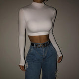 Nukty Basic Sheath Women Solid Turtleneck Tshirt Autumn Stretch Casual Undershirt Female All-match Street Activity Crop Tops