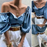 Nukty Off Shoulder Puff Sleeve Women's Shirs Autumn Sexy Single Breasted Female Denim Tops Spring Trend Fashion Ladies Shirts