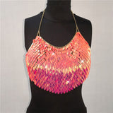 Handmade Bling Colorful Sequined Crop Tops Halter Sleeveless Low Cut Backless Sexy Women Tank Top Club Party Adjustable Tops