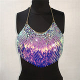 Handmade Bling Colorful Sequined Crop Tops Halter Sleeveless Low Cut Backless Sexy Women Tank Top Club Party Adjustable Tops