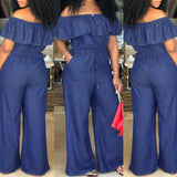 Nukty Fashion Casual Women Solid Off Shoulder Long Romper Jumpsuit Bodysuit Overall Wide Legs