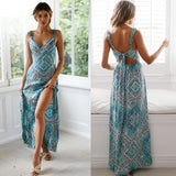 Nukty Sexy Spaghetti Strap Beach Bohemia Dresses for Women V-neck Gown Floral Print Boho Bow Hollow backless Long Maxi Dresses Female