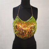 Handmade Bling Colorful Sequined Crop Tops Halter Sleeveless Low Cut Backless Sexy Women Tank Top Club Party Adjustable Tops