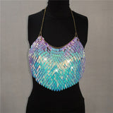 Handmade Bling Colorful Sequined Crop Tops Halter Sleeveless Low Cut Backless Sexy Women Tank Top Club Party Adjustable Tops