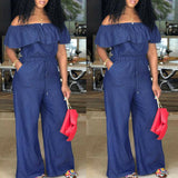 Nukty Fashion Casual Women Solid Off Shoulder Long Romper Jumpsuit Bodysuit Overall Wide Legs