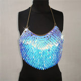 Handmade Bling Colorful Sequined Crop Tops Halter Sleeveless Low Cut Backless Sexy Women Tank Top Club Party Adjustable Tops