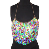 Handmade Bling Colorful Sequined Crop Tops Halter Sleeveless Low Cut Backless Sexy Women Tank Top Club Party Adjustable Tops