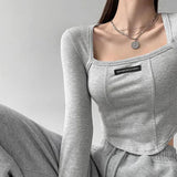 Nukty American Style Brown Cropped Top Women Fashion Skinny Sexy Long Sleeve T Shirts Female Casual Square Neck Tees