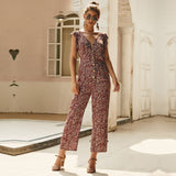 Elegant Print Jumpsuits Women Full Length Loose Casual Ruffles Jumpsuits