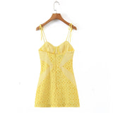 Nukty Summer New Fashion Sexy Woman Slim Backless Hollow Embroidery Stitching Strap Mini Dress