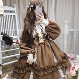 Nukty In Wondeland Cute Women's Lolita OP Dress Flouncing Lace Trim Japanese Harajuku Long Sleeves Doll Dress Fairy Vestidos