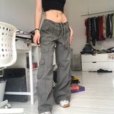 Pockets Pathwork Low Waist Baggy Jeans Streetwear Women 90S Bright Line Grunge 90S Jeans Cargo Pants Wide Leg Harajuku