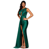 One Shoulder Satin Maxi Dress Hollow Out Slit Leg Sexy Long Evening Party Dress Gown Green Burgundy