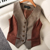 Nukty Women Vintage Ves  Autumn and Spring Slim Woolen Suit Vest Classic Official stitching Waistcoat