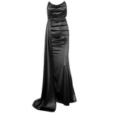 Strapless Ruched Long Satin Maxi Dress Formal Sleeveless Pleated Side Slit Mermaid Backless Prom Gown