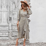 Spring Autumn Long Bandage Print Dress For Women New V Neck Full Sleeve Hight Waist Winter Maxi Dresses Ladies Elegant