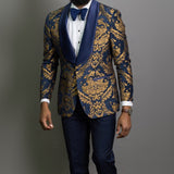 Nukty Navy Blue Floral Jacquard Prom Men Suits for Wedding 3 Piece Slim Fit Groom Tuxedo African Male Fashion Costume Jacket Pants