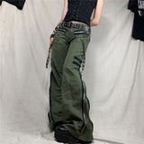 Women's Low Waist Cargo Pants Gothic Punk Baggy Retro Kawaii Trousers Grunge Green Zipper Jeans Ladies Korean Sweatpants