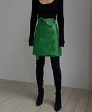 Nukty Faux Leather Crocodile Pattern A-Line Skirt Women Fashion Elegant Solid Green High Waist Split Mini Skirts Autumn