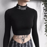 Gothic Black Y2k Top T Shirt Women Turtleneck Letter Embroidery Long Sleeve Tops Harajuku Letter Pullover E Girl Aesthetic Tops