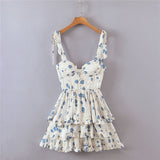 Nukty New Summer Sexy Tube Top Waist Lace-Up Stitching Stacked Ruffles Fashion Floral Print Short Mini Strap Dress