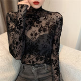 Nukty Girls Transparent Corduroy Printing Mesh T-Shirts Tees Female Turtleneck Full Sleeve Tshirt Tops For Women