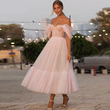 Nukty Blush Pink Off the Shoulder Dot Tulle  Short Wedding Dress With Sleeves Elegant Tea Length Bride Gown For Party Reception