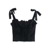 Nukty Lace-up Slim-Fitting Edible Tree Fungus Folds Summer New Women Black Elastic Sling Ruffle Camisole Crop Top Zipper