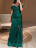 Off the Shoulder Ruched Long Satin Maxi Dress with Ribbon Formal Pleated Leg Split Prom Gown