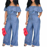 Nukty Fashion Casual Women Solid Off Shoulder Long Romper Jumpsuit Bodysuit Overall Wide Legs