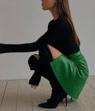 Nukty Faux Leather Crocodile Pattern A-Line Skirt Women Fashion Elegant Solid Green High Waist Split Mini Skirts Autumn