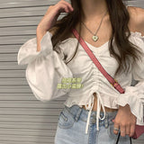 Nukty Fashion Woman Blouses Off Shoulder Top Sexy Blouse Thin Strape Backless Crop Tops Club Evening Party Clothes Korean New