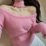 Mink Fleece Sweater Pullover Female Blue Off-shoulder Design Sense Niche Long-sleeved Bottoming Shirt Autumn Knit Sweater Top