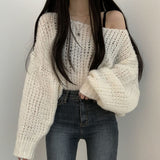 Y2K South Korean Chic Spring Hundred Candy-colored Cover Head Loose Thick Line Casual Lantern Sleeve Knitted Soft Sweater Woman