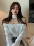 Mink Fleece Sweater Pullover Female Blue Off-shoulder Design Sense Niche Long-sleeved Bottoming Shirt Autumn Knit Sweater Top