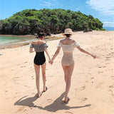 Korea Style Sexy Off Shoulder One Piece Swimsuit Women Sexy Bandage Bodysuit Monokini High Waist Swimwear Bathing Suit Beachwear