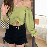 Nukty Fashion Woman Blouses Off Shoulder Top Sexy Blouse Thin Strape Backless Crop Tops Club Evening Party Clothes Korean New