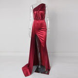 One Shoulder Satin Maxi Dress Hollow Out Slit Leg Sexy Long Evening Party Dress Gown Green Burgundy