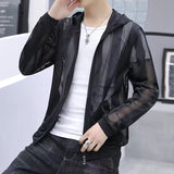 Nukty Pierced Transparent Bomber Jacket Men Sun Protection Clothing Windbreaker Summer Thin Men Plaid Jackets Slim Fit Mens Coats