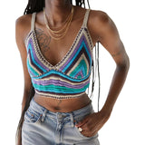 Summer Ladies Sexy Midriff-baring Camisole Girls Creative Colorful Stripe V-neck Sleeveless Base Shirt Knitted Tops