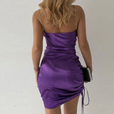 Chain Straps Purple Satin Dress Women Summer Elegant Cowl Neck Party Dress Sexy Drawstring Ruched Bodycon Mini Dress Black