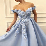 Vkiss Store Off Shoulder Tulle Prom Dresses Women Formal Party Night Long Light Blue Appliqus Elegant Evening Gowns