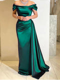 Off the Shoulder Ruched Long Satin Maxi Dress with Ribbon Formal Pleated Leg Split Prom Gown