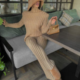 Women Knitted Pullover Sets Casual Winter Long Skinny Sweater Tops Striped Long Sleeve Jumper Ribbed Knitted Trousers Suit