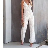 Lace Wide Leg Jumpsuit V-neck Fashion Sexy Sleeveless Backless Jumpsuits Patchwork Summer Sling Slim Women Jumpsuit