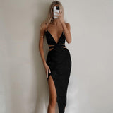 Nukty Black Sexy Backless Cutout Midi Dress Club Party Outfits for Women Sleeveless Elegant Straps V Neck Dresses Vestidos