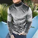 Men Casual T Shirt Velour Solid Color Streetwear Turtleneck Long Sleeve Tops Cozy Undershirts Leisure Camisetas