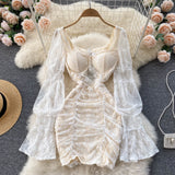 Nukty French Elegant Women Floral Lace Fairy Dress Sexy Hollow Out Long Flare Sleeve Padded Square Collar Ruched Mini Party Dress Robe